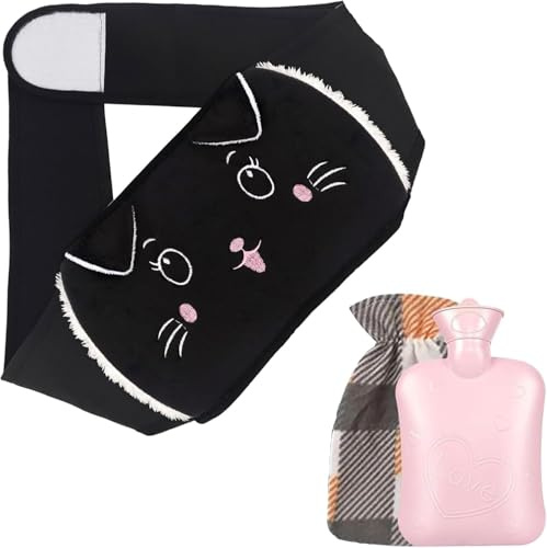 Bouillotte, bouillotte chat en peluche, bouillot souple chat pour enfants et adultes pour réchauffer le cou, les épaules, le dos et la taille (noire)