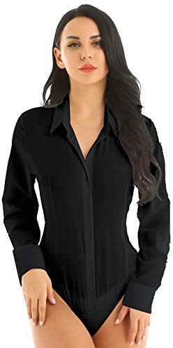 YiZYiF Camiseta Body Manga Larga Mujer Sexy Mono Body Blusa Cuello Alto Mujer Camisa de Vestir Blusa Formal Bodyshirt Traje Vestir Elegante Color Liso Negro 3X-Large