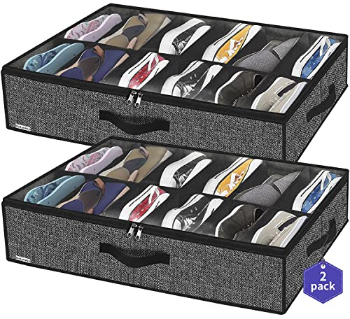 Onlyeasy Sturdy Under Bed Shoe Storage Organizer, Set of 2, Fit 12 to 24 Pairs, Underbed Shoes Closet Storage Solution with Clear Window, Breathable, L29.3 x W23.6 x H5.9, Linen-like Black, MXAUBSB2P