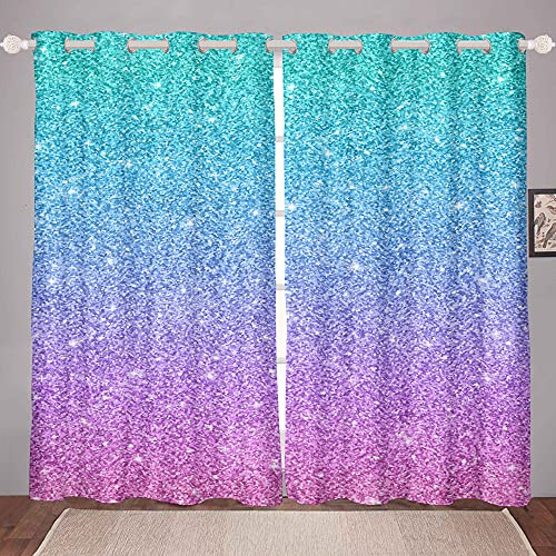 Tbrand Girls Colorful Glitter Girly Turquoise Teal Room Curtain For Bedroom - Blue Pink Pastel Colors Stylish Women Drapes, W46*L54