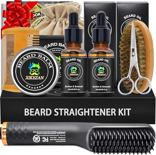 Alisador de barba para hombre con 2 unidades de aceite de barba, bálsamo, peine, tijeras y cepillo para todo tipo de barba, doble voltaje, apto para viajes, apagado automático, función antiquemaduras