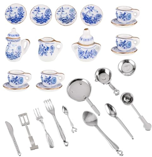 Xinjieda 26 Pcs 1:12 Dolls House Accessories 15 Porcelain Miniature Tea Set with 11 Plastic Mini Dolls Plates Knife Fork Spoon Dollhouse Miniatures Kitchen Accessory Floral Style Dollhouse Accessories
