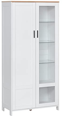 HOMCOM Alacena de Cocina Mueble Auxiliar de Cocina con Puerta de Vidrio Estantes Ajustables y Patas Elevadas para Salón Comedor 76x36x160 cm Blanco
