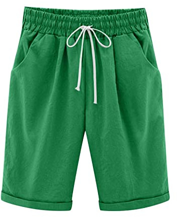 oglccg Half Pants Plus Size Knee Length Cotton Linen Shorts with Pockets Summer Solid Beach Vacation Straight Leg Trousers Drawstring Elastic Waist Bermuda Casual Work Shorts, Green (girls pants)