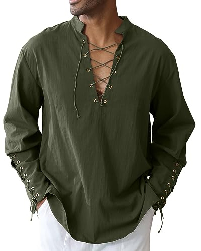 Men's Cotton Linen Shirt Drawstring Arm Banded Tops Medieval Viking Pirate Renaissance Halloween Costume ARMY GREEN 3XL