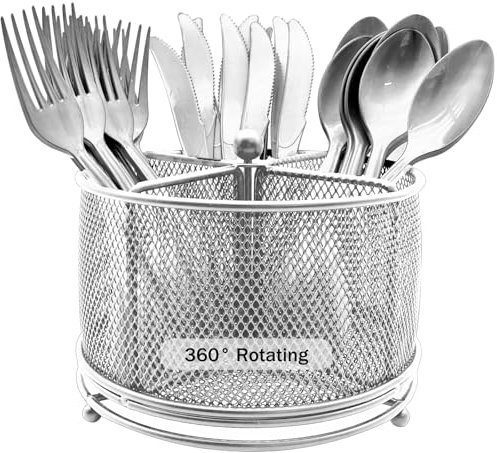 DysanVica Organizador de utensilios de metal giratorio de 360°, 4 compartimentos, tenedor, cuchara, servilletas, organizador de cubiertos, cesta de almacenamiento de cubiertos, fiesta, encimera, bufé
