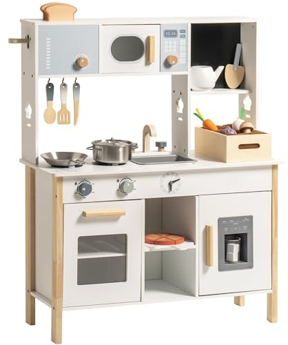 ROBOTIME Cucina giocattolo in legno per bambini, con macchina per il pane, dispenser per cubetti di ghiaccio, lavagna e altro ancora, con cibo da gioco per ragazze e ragazzi dai 3 anni in su