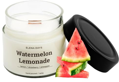 Duftkerze Watermelon Lemonade, Natürliches Sojawachs, umweltfreundlich, starker Duft, mit knisterndem Holzdocht, Handgefertigte Kerze 140 gramm, Brenndauer 45 Stunden, Elena Days