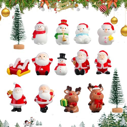 15PCS Cute Christmas Figure Ornaments, Santa Claus Snowman Elk Cake Topper Decoration, Mini Resin Xmas Decoration Figurines for Cake, DIY Micro Landscape Fairy Garden Home Decor