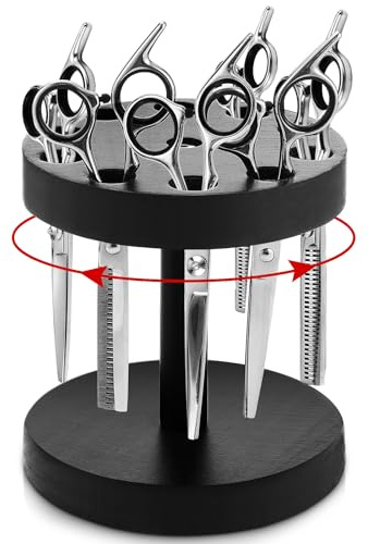 Threehoney 360 Degree Rotating Scissor Holder with 10 Diameter 0.71'' Hole Wooden Barber Shears Holder Salon Hair Stylist Container Stand for Barbershop Grooming Tool Storage, Black