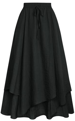 Scarlett DARKNESS kvinnor renässans kjol dragsko hög midja dubbelskikt blommig maxikjol med fickor, Svart, XL
