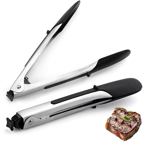 2Pack Kitchen Tongs for Cooking, 9 inch Food Tongs Durable, Stainless Steel Kitchen Silicone Tip with Lockable Handle, Silicone Non Stick Barbecue Tongs for air Fryer, Salad Tongs Pasta