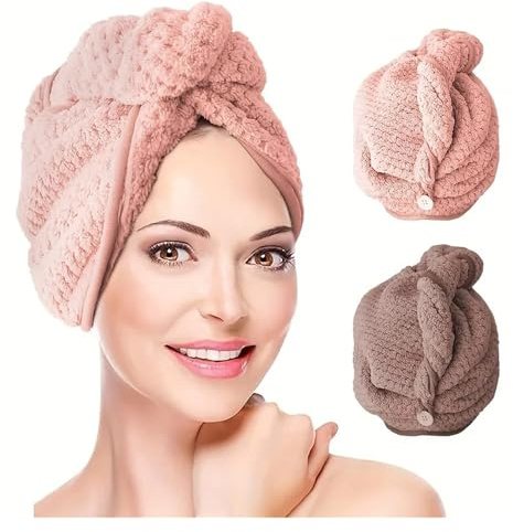 LHSJYG hårhandduk 2 stycken hår torr turban handduk wraps enfärgad torrt hår mössa snabbtorkande handduk unisex mjuk bad huvud wraps (brun)