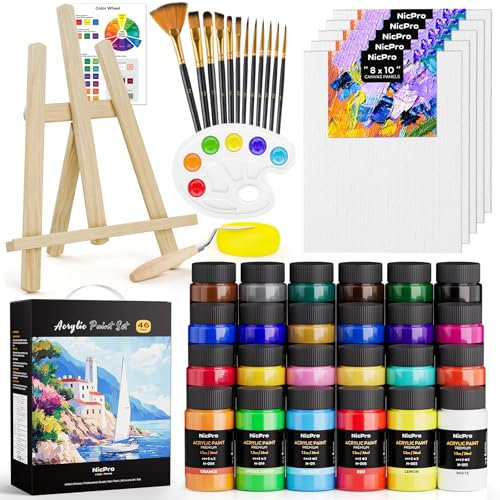 Nicpro Acrylic Paint Canvas Set for Adults, 46PCS Art Painting Supplies Kit for Adults with 24 Paints(36ML), Table Wood Easel, 5 Canvas Panels, 12 Brushes, Paper Pad, Palette for Kids Artist Beginner
