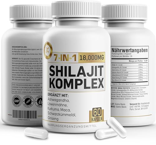 Shilajit with Ashwagandha, Lion’s Mane, Maca Root, Turmeric, Ginseng, Black Seed Oil - High Strength, 60 Capsules