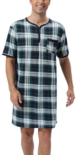 Rutiga pyjamasöverdelar för män, mjuka nattkläder, andningsbara nattlinne, knälängd, nattkläder, vardagskläder, Kortärmad-1-grön rutig (94 % polyester, 6 % spandex), XL