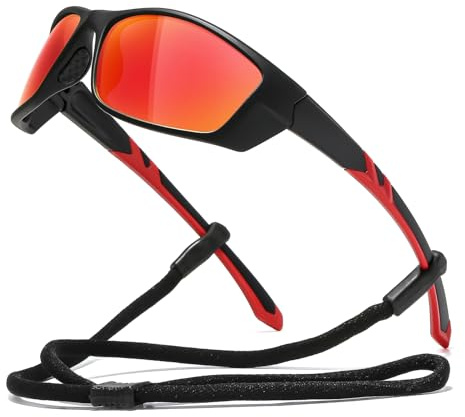Suertree Polarisierte Sportbrille Sonnenbrille für Herren und Damen, Winddichte Fahrradbrille UV400, Reitsonnenbrille Outdoor Sports, Schwarz+Rot