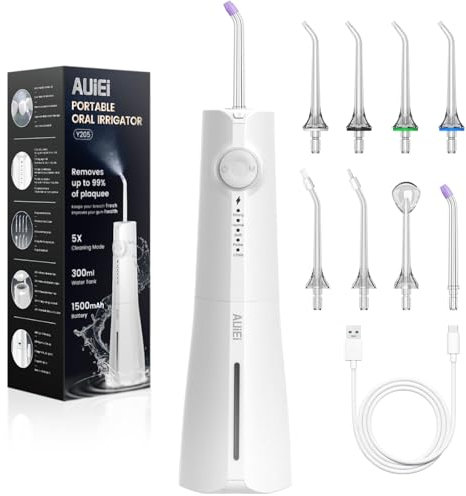 AUIEI Idropulsore dentale senza fili, irrigatore orale con 5 modalità e 8 ugelli, water flosser elettrico impermeabile IPX7 con serbatoio da 300 ml per casa e viaggio