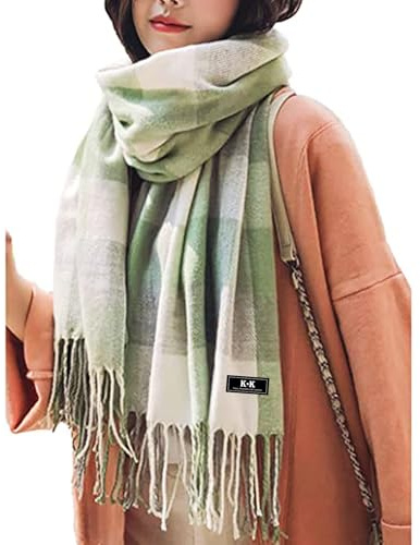 Bufanda de tartán para mujer, bufanda de invierno suave y cálida, grande, acogedora, clásica, británica, elegante, con flecos, idea de regalo, verde, Talla única