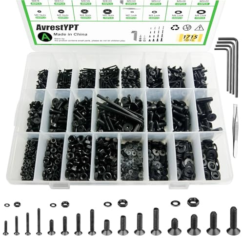 1715Pcs M2 M3 M4 M5 Screw Kit - 3D Printer Mini Screw, Allen Head/Flat Head/Countersunk Bolt/Screws, Metric Bolts Assortment, Black Nuts and Bolts for Mechanical Hardware