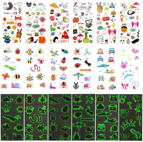 Xmasir 210 Pcs Temporary Tattoos For Kids, Glow In The Dark Tattoo Stickers | Mixed Styles Luminous Fake Tattoos, Butterfly Fruit Tattooing for Girls and Boys