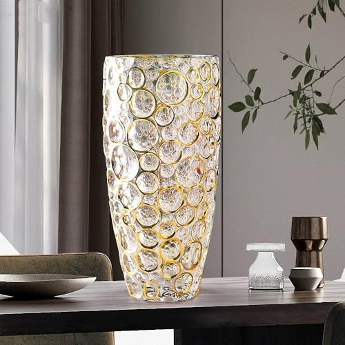 Grande vaso da fiori in vetro di cristallo rotondo dipinto a mano, 30 cm, vaso moderno per soggiorno, camera da letto, cucina, tavolo da pranzo, caminetto, matrimonio. (oro dipinto a mano)