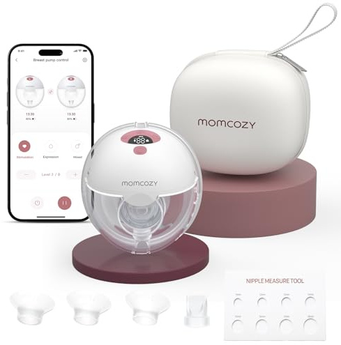 Momcozy M5Smart elektrisk bröstpump, handsfree, styrs via app, 1-pack, röd | Bärbara dubbelbröstpumpar med dubbelt tätande bröstskål i form av en babymun, med 3 lägen och 9 hastighetsnivåer