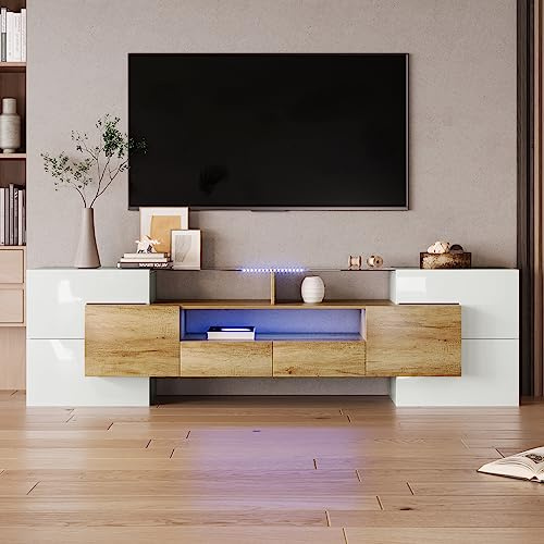 dowowdo Meuble TV bas de 200 cm, aspect bois et blanc, meuble TV moderne avec éclairage LED et beaucoup d'espace de rangement, meuble de salon avec façade en verre brillant