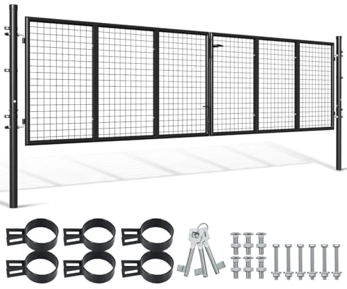 Portail de jardin en métal, double battant, 350 x 100 cm, tube rond, haut de gamme, pour accès à la maison/entrepôt, pour nattes (anthracite)