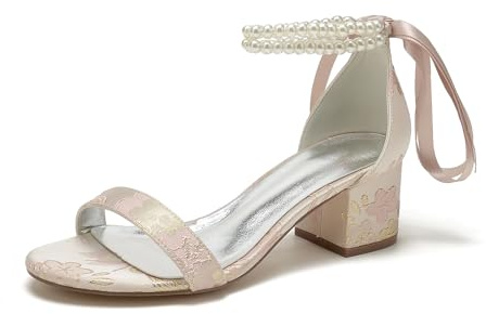 EICOFF Sandali con Tacco Basso Scarpe Eleganti con Perle Donna Scarpe da Sposa Punta Aperta Cinturino alla Caviglia Décolleté per Ballo Feste,Rosa,43 EU