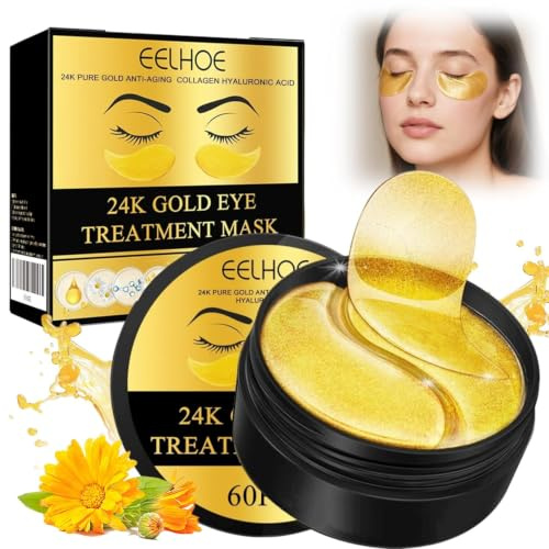 60 almohadillas para los ojos de oro de 24 quilates, hidratantes, antiarrugas, círculos oscuros y hinchazón, para uso diario