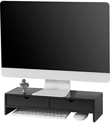 SoBuy Wooden Monitor Stand with Drawers Monitor Riser Computer Stand Desk Shelf Home Office Desk Accessories Black 47x18x11cm BBF02-SCH
