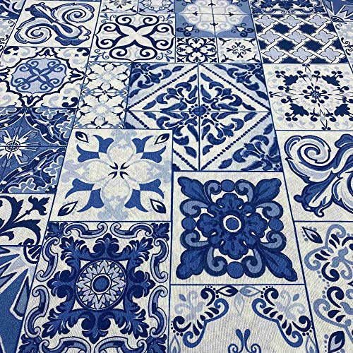 Kt KILOtela - Tela Loneta Estampada, Decoración, Tapizar, Cojines, Cortinas, Colchas, Bolsos, Manteles, Manualidades, 100 cm Largo x 280 cm Ancho, Geométrico, Azulejos, Azul ─ 1 Metro