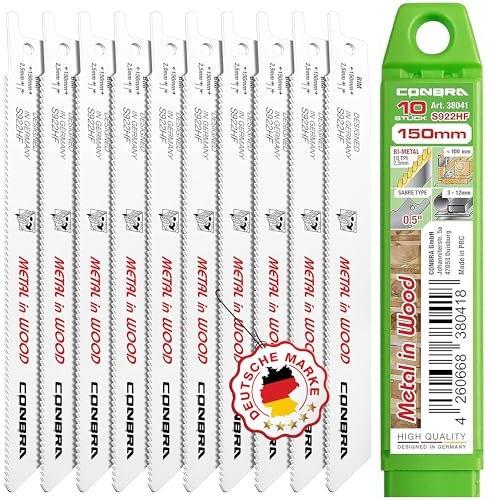 CONBRA® Hojas de sierra sable de metal en madera, 10 unidades, S922HF, para sierra sable – 150 mm – Compatible con hojas de sierra sable Bosch