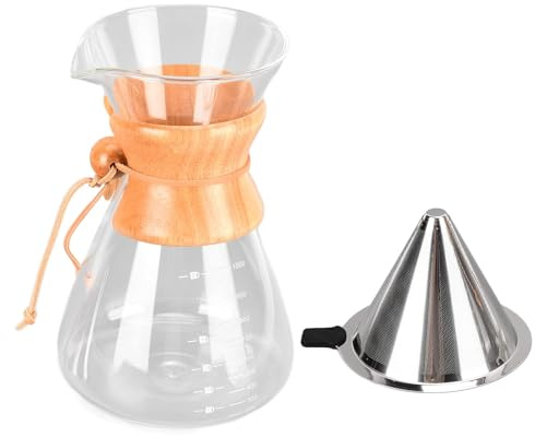 HERCHR Pour Over Coffee Maker, Coffee Dripper Brewer Papierlose Glaskaraffe Kaffeekanne mit Edelstahlfilter & Holzhülse für Heimreisen(1000ml)