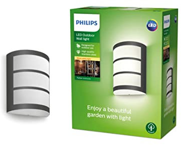 Philips LED Python Outdoor 6W Wall Light [Warm White - Anthracite Grey] Water Resistant IP44, For Garden, Patio and Terrace Lighting.