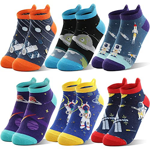 Welwoos Kinder Lustige Socken Jungen Sneaker Socken Bunte Kurze Kindersocken Cartoon Baumwolle Kleinkind Geschenke Socken 6 Paare Socken Jungen Kinder 27 34 33 28 32 26 (Weltraum, 9-14 Jahre)