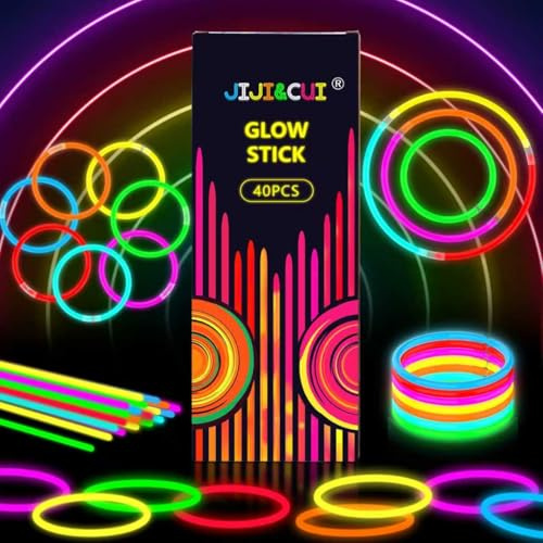JIJI&CUI Glow Sticks 40pcs [8-Hour Ultra Bright] | Eco-Friendly & Non-Toxic Party Supplies for Kids, Festivals, Concerts,Halloween, Sports Events | 40+ Connectors with Boxed Set (CE Certified)