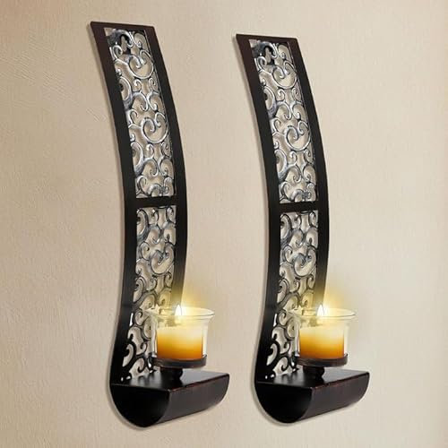 Antique Candle Sconces Wall Decor Set of 2 with Tea Light Candle Holder Metal Wall Decorations for Living Room, Dining Room & Bedroom, 14.2 x 3.5 Inch