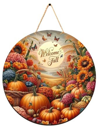Herbst Willkommensschild für Haustür Welcome Fall Kränze Türschild Holz zum Aufhängen Sonnenblume Kürbis Truthahn Outdoor Türkranz für Zuhause Bauernhaus Thanksgiving Türdekoration (Willkommen Kürbis)