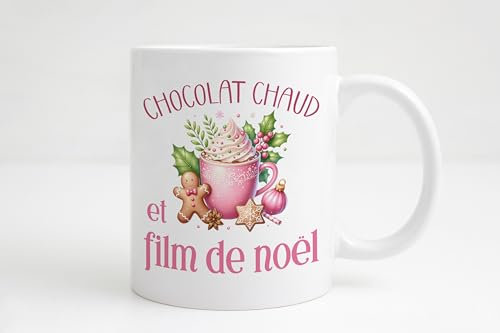 Groovy crea Mug noël, tasse noël rose, chocolat chaud et film de noël, mug chocolat chaud chamallows au coin de la cheminée, soirée cocooning devant un film de noël, tasse a café latte noël.