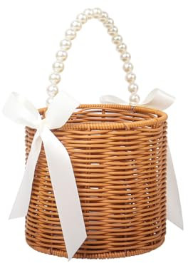 Wicker Rattan Flower Basket, Wedding Flower Girl Baskets with Handle, Woven Wedding Basket with Ribbons for Flower Girls