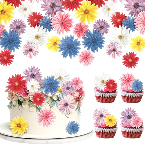 Xsstarmi Gerbera edible Cupcake Toppers Rice Paper Wildflowers Sunflowers Daisy Cupcake Picks for Baby Shower Wedding Birthday Theme Party Cake Decorations Supplies