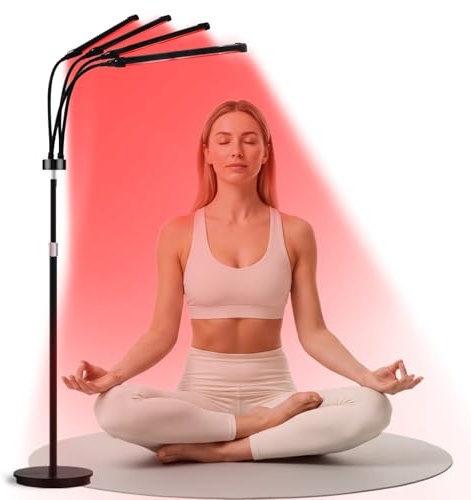 Lámpara de Luz Roja 240 LED, Lámpara Infrarroja 3-en-1 con 3 temporizadores y 5 niveles de brillo, Lámpara de pie con 4 cabezales ajustables para casa, oficina y salón