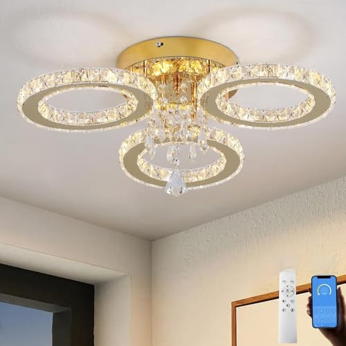 VETRULUS Modern LED‑kristallkrona – Gul taklampa med 3 ringar, dimbar för sovrum, matsal, hall
