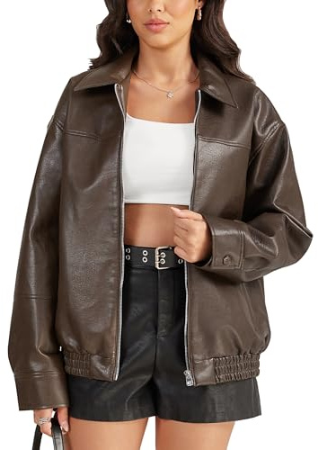 Fengbay Faux Leather Jacket Women Oversized Bomber Motorcycle Jackets Coat | Smooth PU Faux Leather;Loose Oversized Fit;Deep Side Storage Pockets;Y2K Biker Bomber Style For Daily Night Out