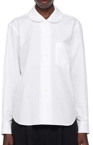 SUNNOW Women's White Peter Pan Collar Blouse Button Shirt with Patch Pocket, Pleated Cuffs & Back Yoke (US, Alpha, Large, Regular, Regular, White)