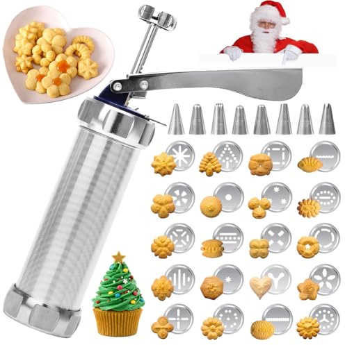 LOMUG Gebäckpresse für Spritzgebäck, Edelstahl Spritzgebäck Presse mit 20 Schablonen, 8 Tüllen, Keksmaschine Kekspresse Teigspritze Plätzchenpresse für Kuchen Kekse Churros, DIY Plätzchen Backen