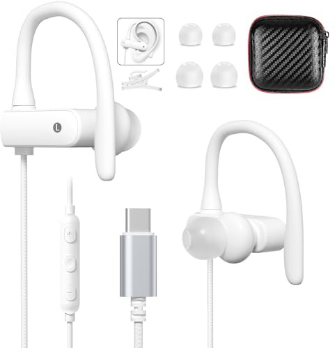 iMangoo Auriculares sobre la oreja, auriculares flexibles con cable USB C, auriculares USB C alrededor de la oreja con control de volumen de micrófono detrás de la oreja auriculares para deportes