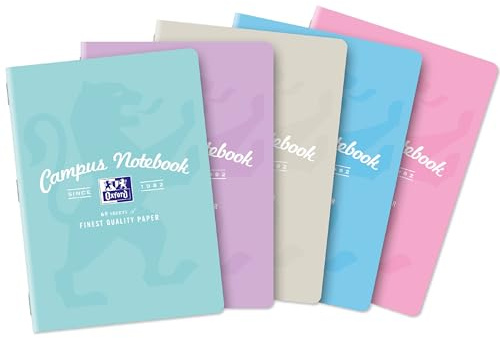 Oxford Campus A5 Notebook, Pack of 5 Notepads, Jotters, thick Optik Paper+, 120 Pages, 8mm Lined with Margin, PEFC Certified, Pastel Colours for Students and Professionals